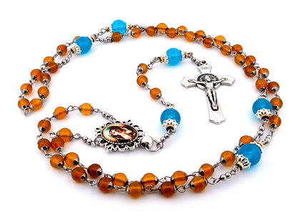 Virgin Mary praying unique rosary beads orange and blue glass rosary with Saint Benedict crucifix.