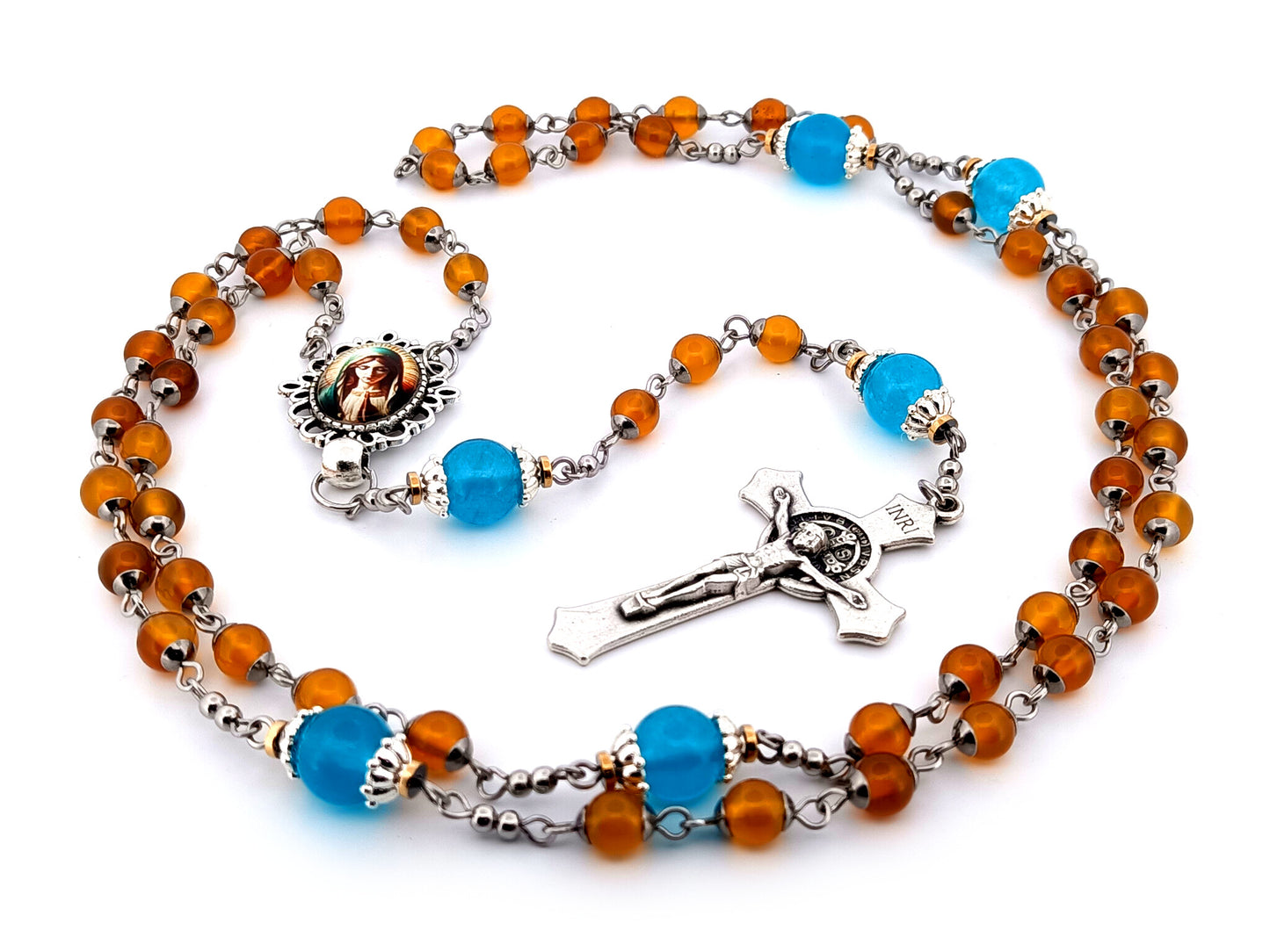 Virgin Mary praying unique rosary beads orange and blue glass rosary with Saint Benedict crucifix.