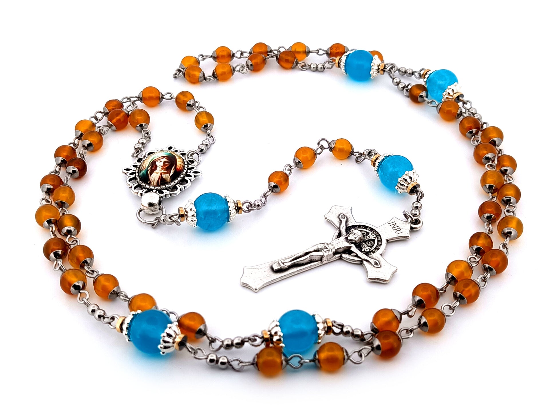 Virgin Mary praying unique rosary beads orange and blue glass rosary with Saint Benedict crucifix.