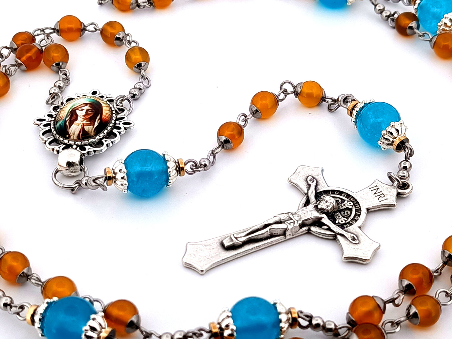 Virgin Mary praying unique rosary beads orange and blue glass rosary with Saint Benedict crucifix.