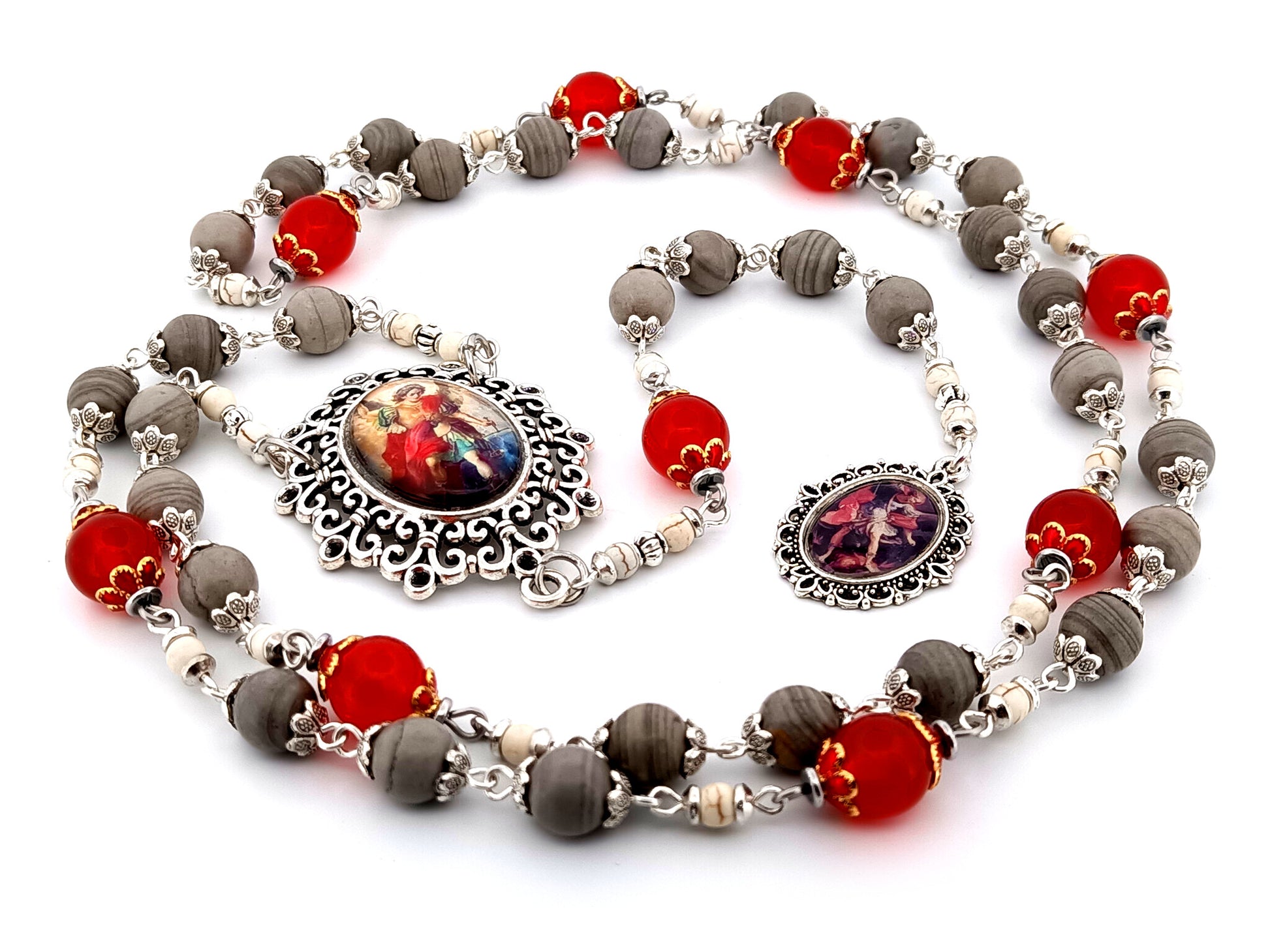 Saint Michael the Archangel unique rosary beads  jasper and ruby gemstone prayer chaplet.