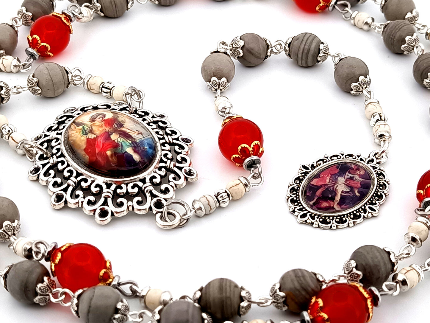 Saint Michael the Archangel unique rosary beads  jasper and ruby gemstone prayer chaplet.