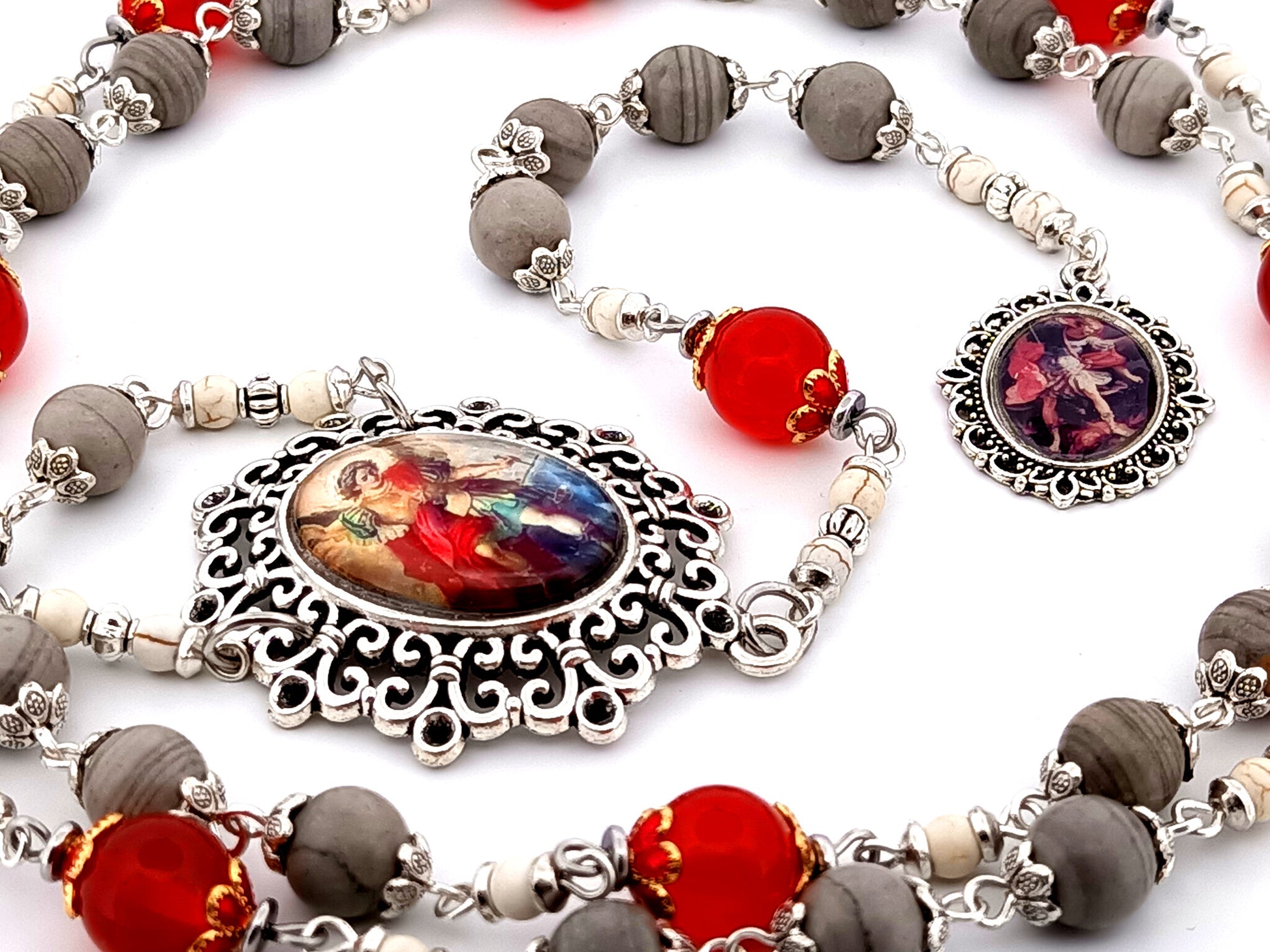 Saint Michael the Archangel unique rosary beads  jasper and ruby gemstone prayer chaplet.
