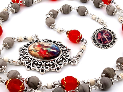 Saint Michael the Archangel unique rosary beads  jasper and ruby gemstone prayer chaplet.