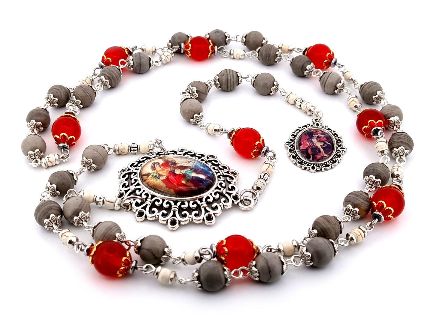 Saint Michael the Archangel unique rosary beads  jasper and ruby gemstone prayer chaplet.