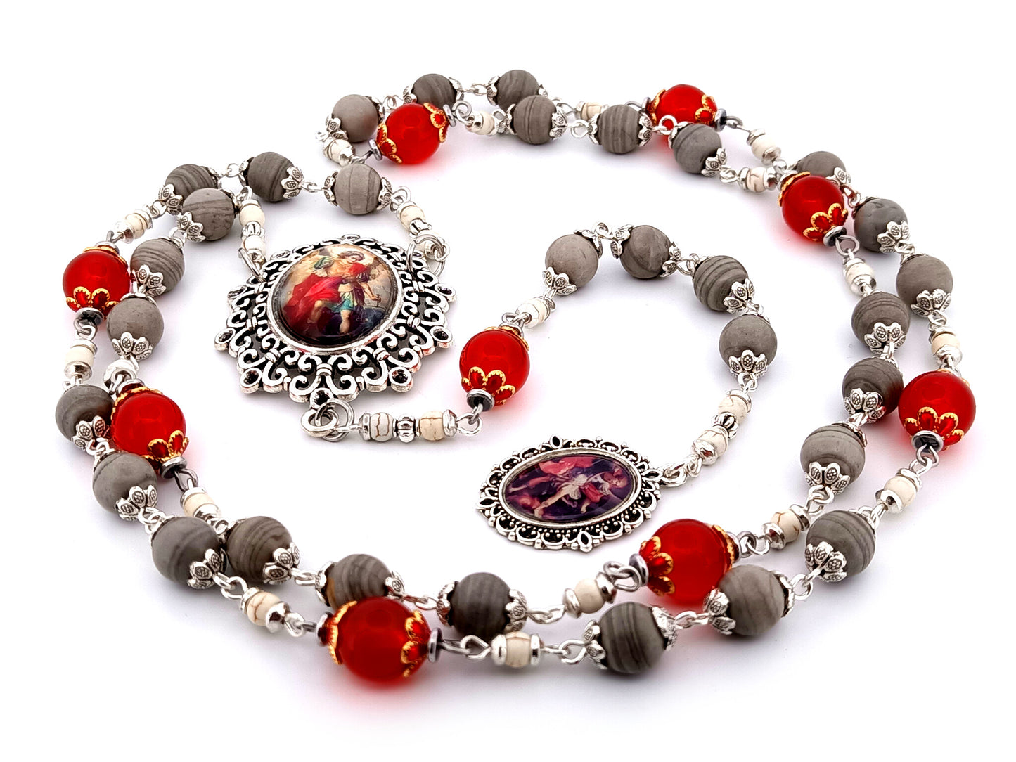 Saint Michael the Archangel unique rosary beads  jasper and ruby gemstone prayer chaplet.