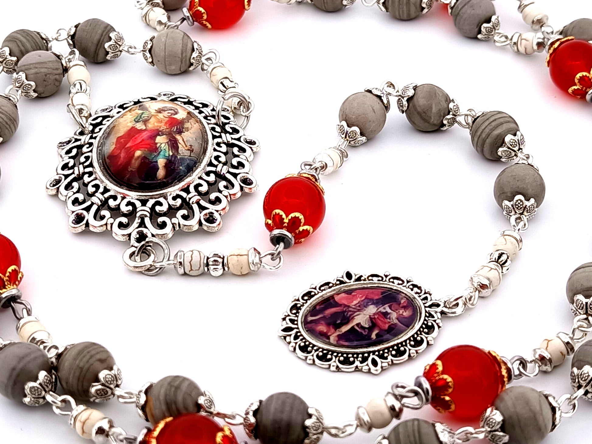 Saint Michael the Archangel unique rosary beads  jasper and ruby gemstone prayer chaplet.