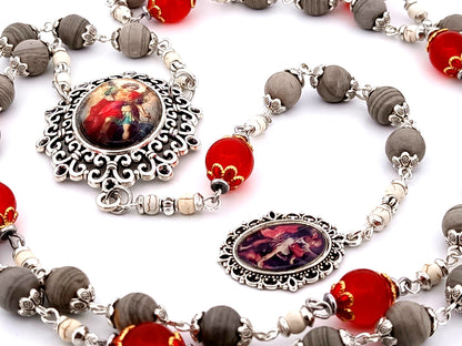 Saint Michael the Archangel unique rosary beads  jasper and ruby gemstone prayer chaplet.