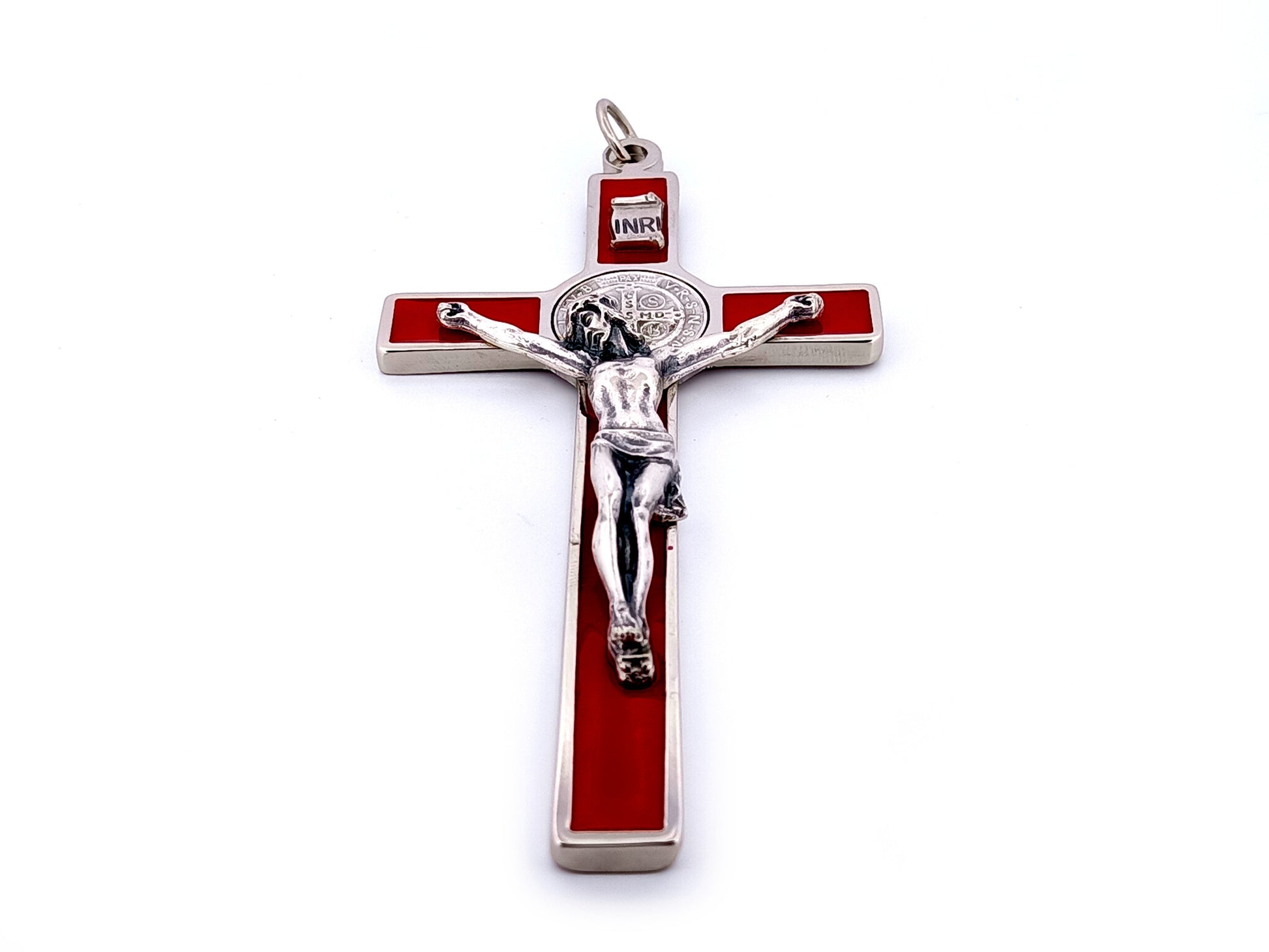 Silver and red enamel Saint Benedict crucifix.