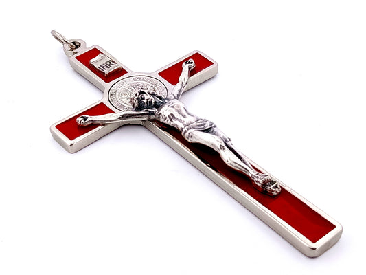 Silver and red enamel Saint Benedict crucifix.