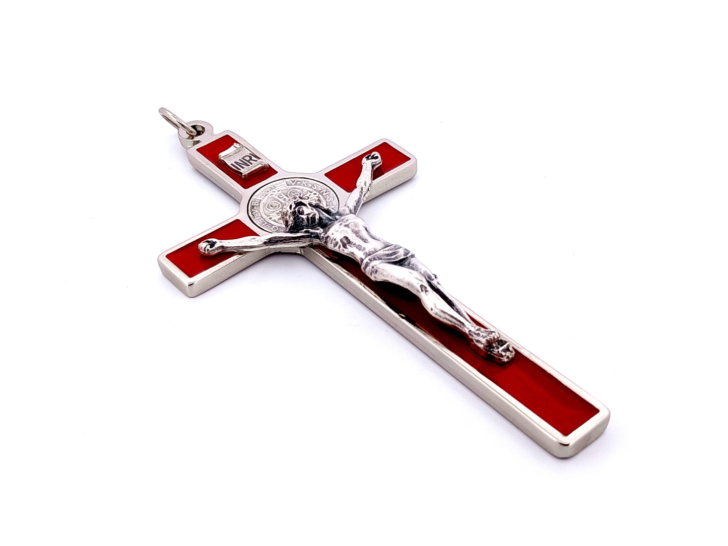Silver and red enamel Saint Benedict crucifix.