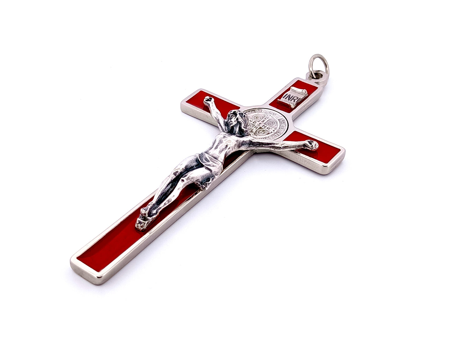 Silver and red enamel Saint Benedict crucifix.