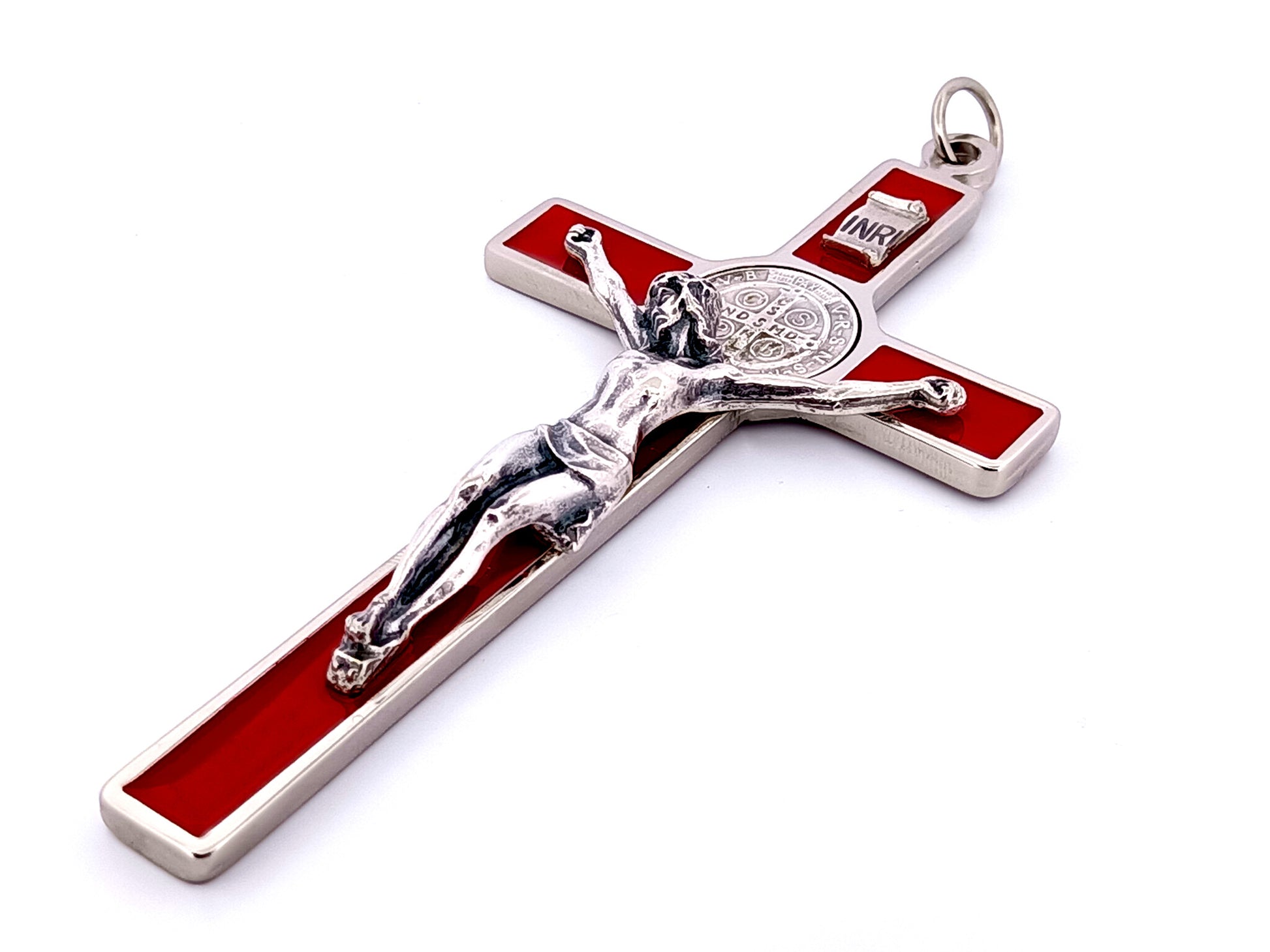 Silver and red enamel Saint Benedict crucifix.