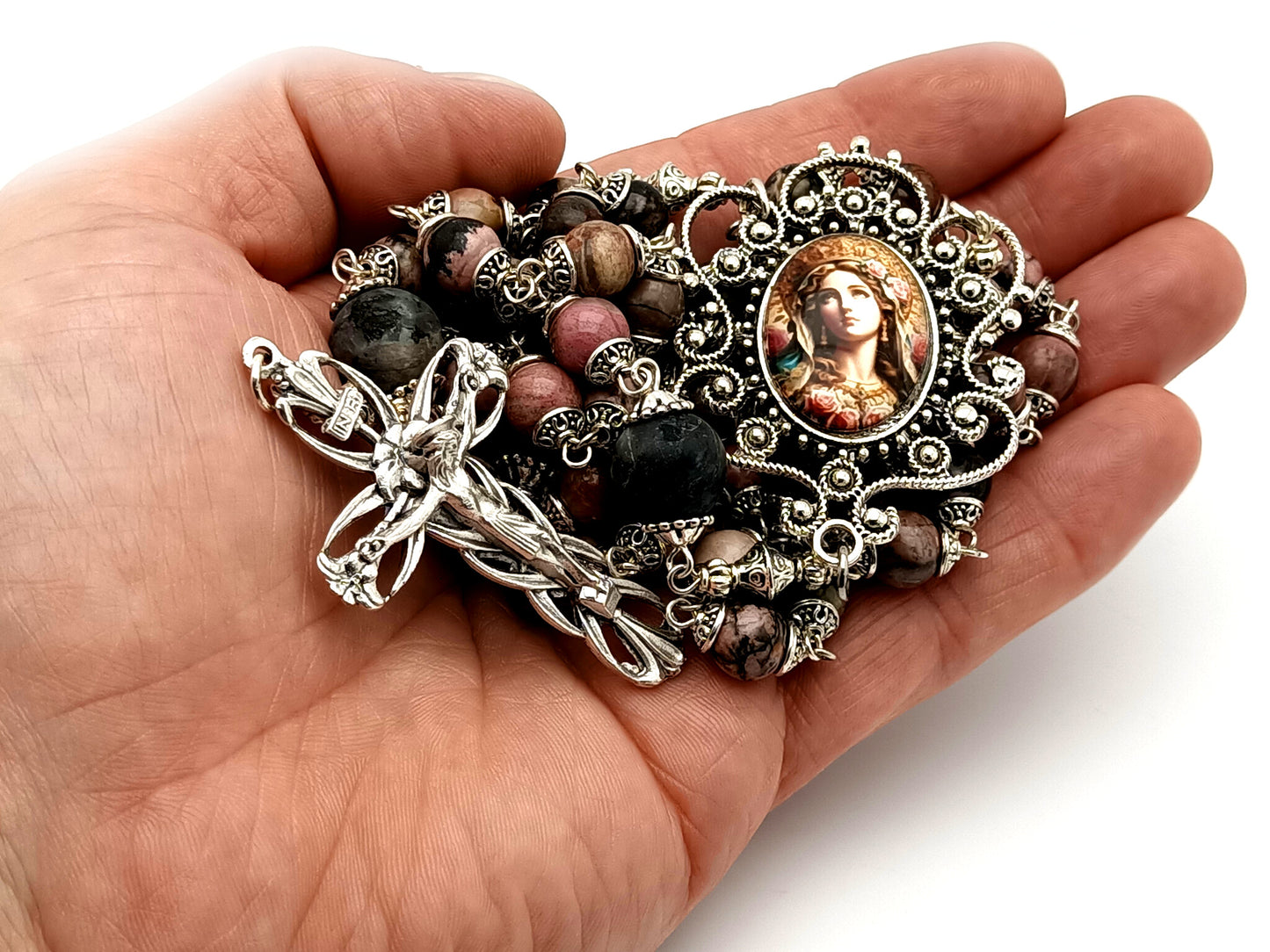 Blessed Virgin Mary unique rosary beads rhodonite and larvikite gemstone rosary with silver plated lily crucifix.