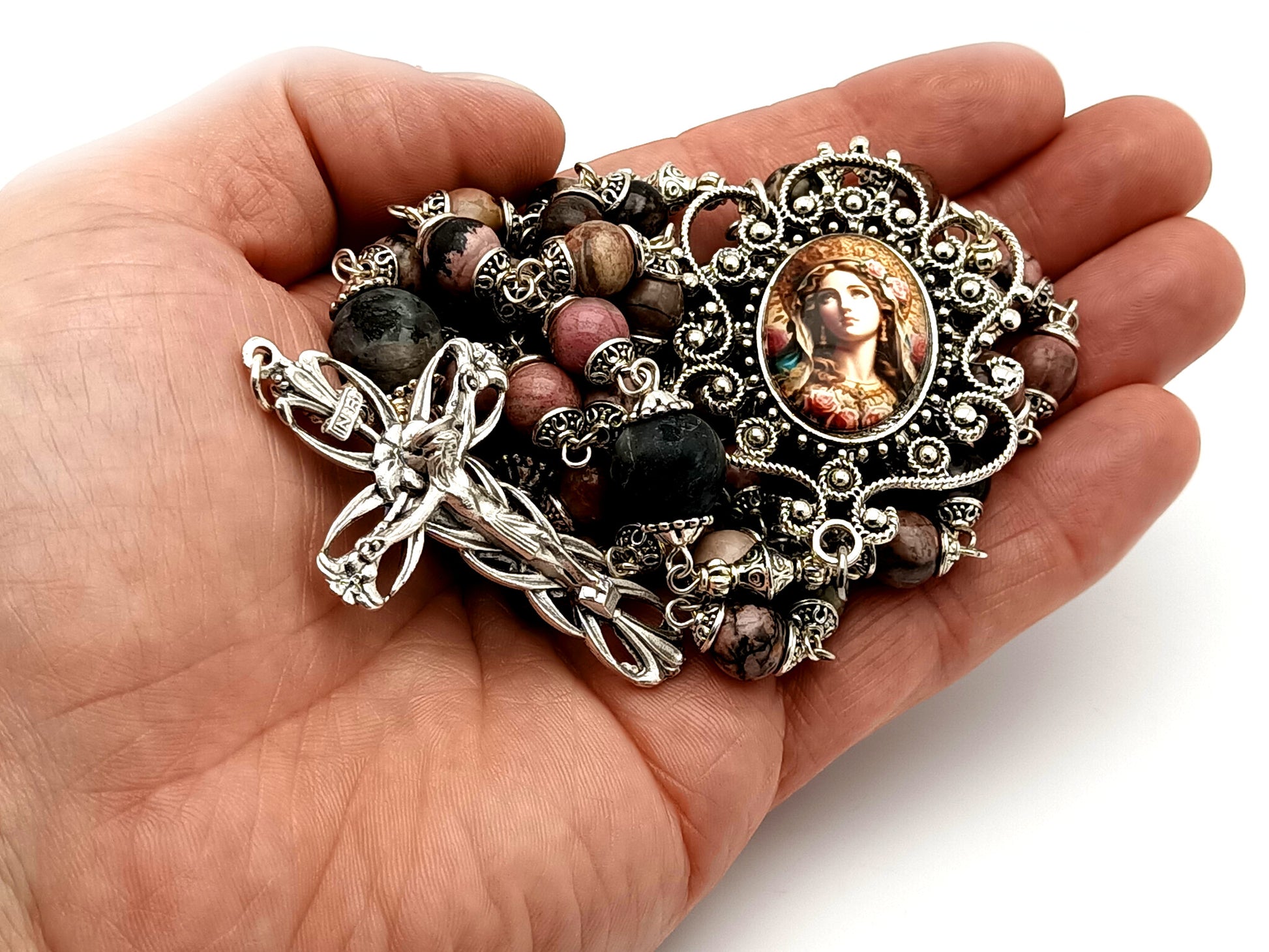 Blessed Virgin Mary unique rosary beads rhodonite and larvikite gemstone rosary with silver plated lily crucifix.