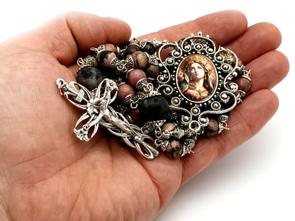 Blessed Virgin Mary unique rosary beads rhodonite and larvikite gemstone rosary with silver plated lily crucifix.
