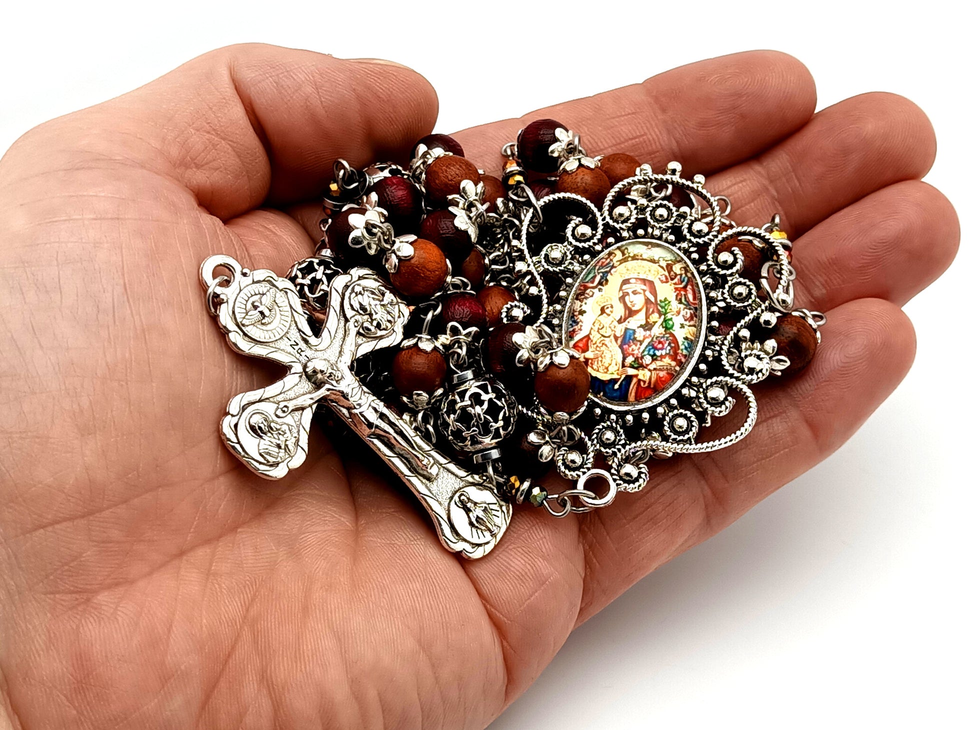 Our Lady of Perpetual Help unique rosary beads dark olive wood and silver rosary with Four Basilicas crucifix.