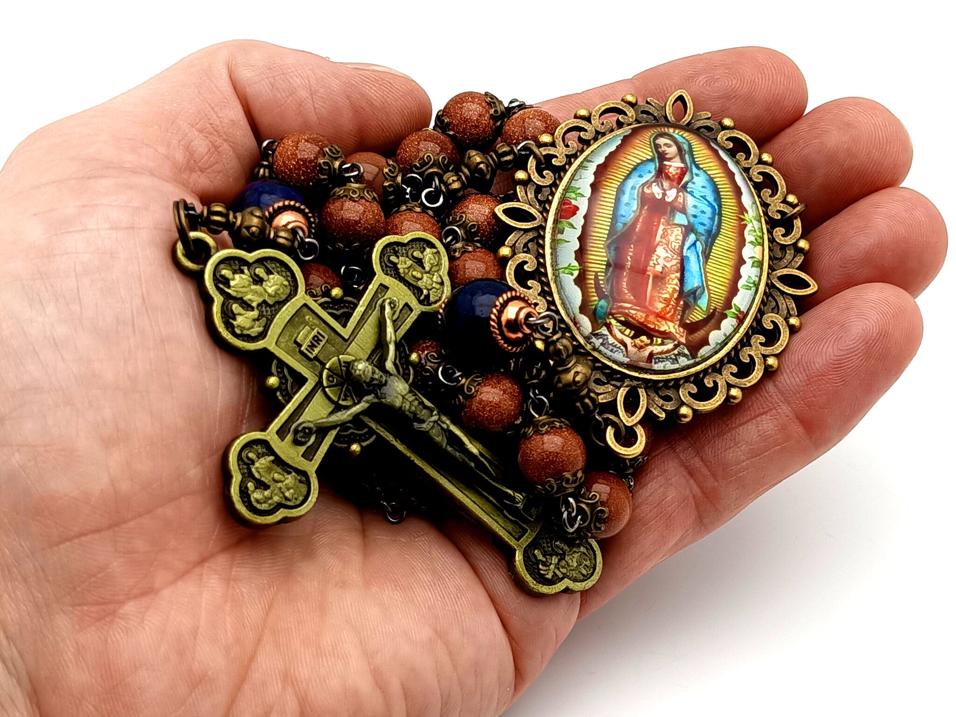 Our Lady of Guadalupe unique rosary beads gold stone and lapis lazuli gemstone rosary with brass twelve apostles crucifix.