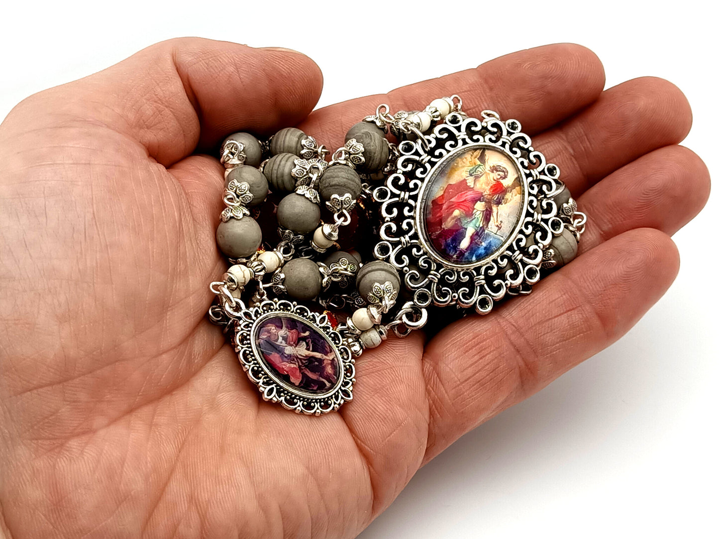 Saint Michael the Archangel unique rosary beads  jasper and ruby gemstone prayer chaplet.