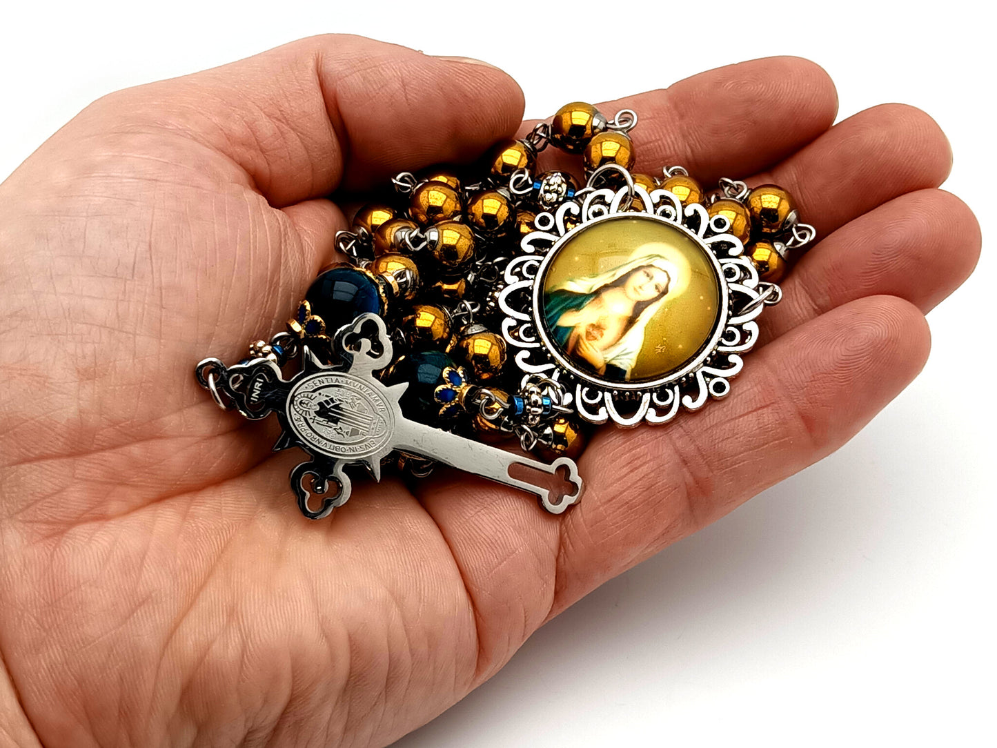 Immaculate Heart of Mary unique rosary beads copper hematite and blue tigers eye gemstone rosary with Saint Benedict crucifix.