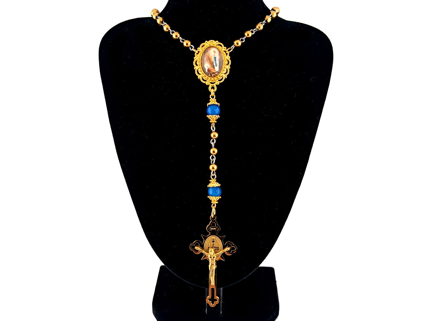 Our Lady of Lourdes unique rosary beads gold plated stainless steel and blue cats eye glass rosary with gold plated Saint Benedict crucifix.