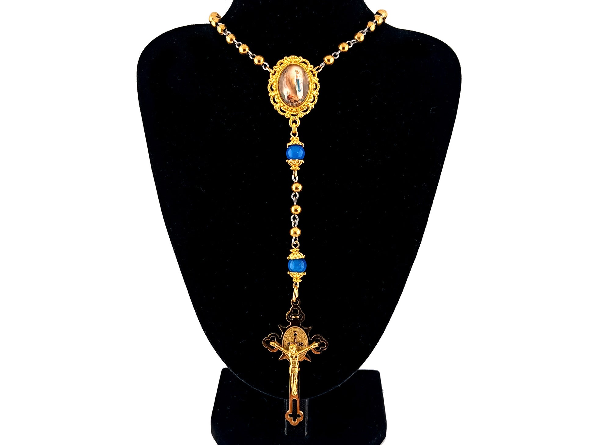 Our Lady of Lourdes unique rosary beads gold plated stainless steel and blue cats eye glass rosary with gold plated Saint Benedict crucifix.