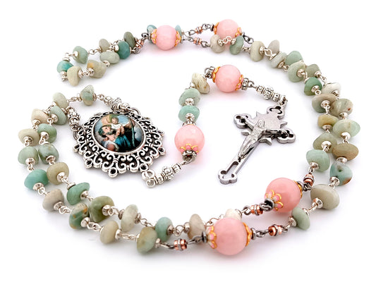 Saint Christopher unique rosary beads aqua marine and rose quartz gemstone rosary with Saint Benedict crucifix.