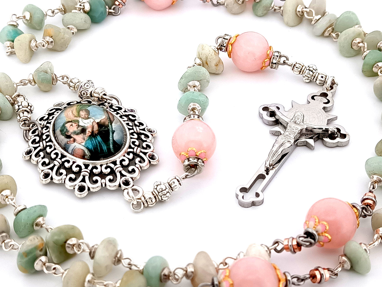 Saint Christopher unique rosary beads aqua marine and rose quartz gemstone rosary with Saint Benedict crucifix.
