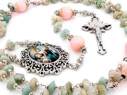 Saint Christopher unique rosary beads aqua marine and rose quartz gemstone rosary with Saint Benedict crucifix.