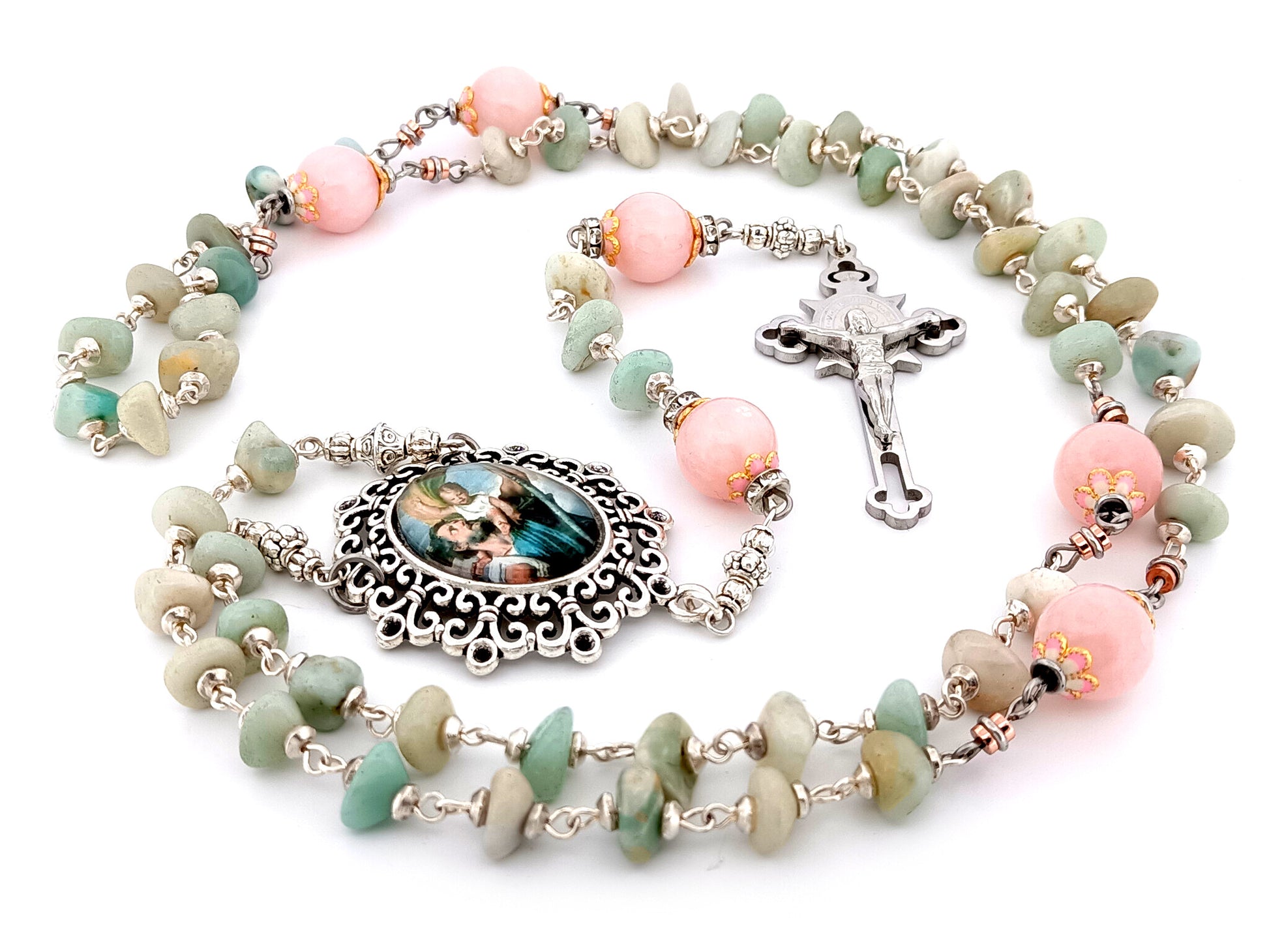 Saint Christopher unique rosary beads aqua marine and rose quartz gemstone rosary with Saint Benedict crucifix.