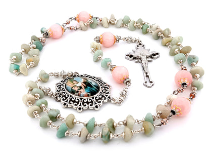 Saint Christopher unique rosary beads aqua marine and rose quartz gemstone rosary with Saint Benedict crucifix.