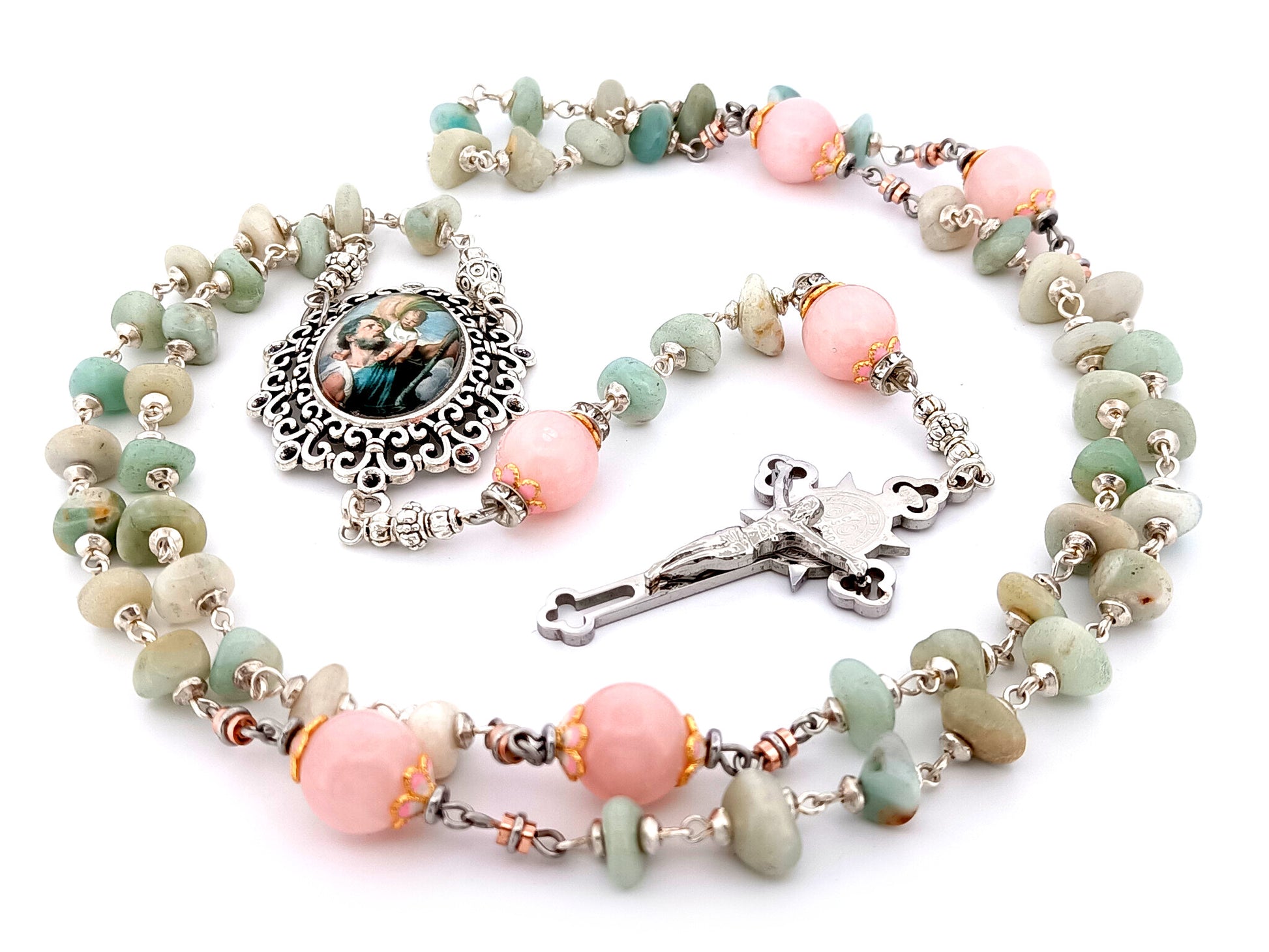 Saint Christopher unique rosary beads aqua marine and rose quartz gemstone rosary with Saint Benedict crucifix.