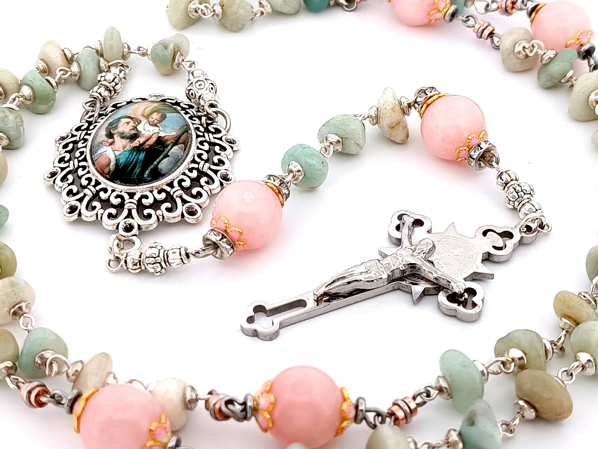 Saint Christopher unique rosary beads aqua marine and rose quartz gemstone rosary with Saint Benedict crucifix.