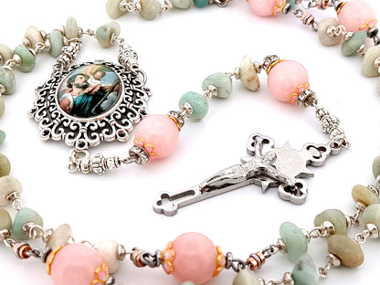 Saint Christopher unique rosary beads aqua marine and rose quartz gemstone rosary with Saint Benedict crucifix.