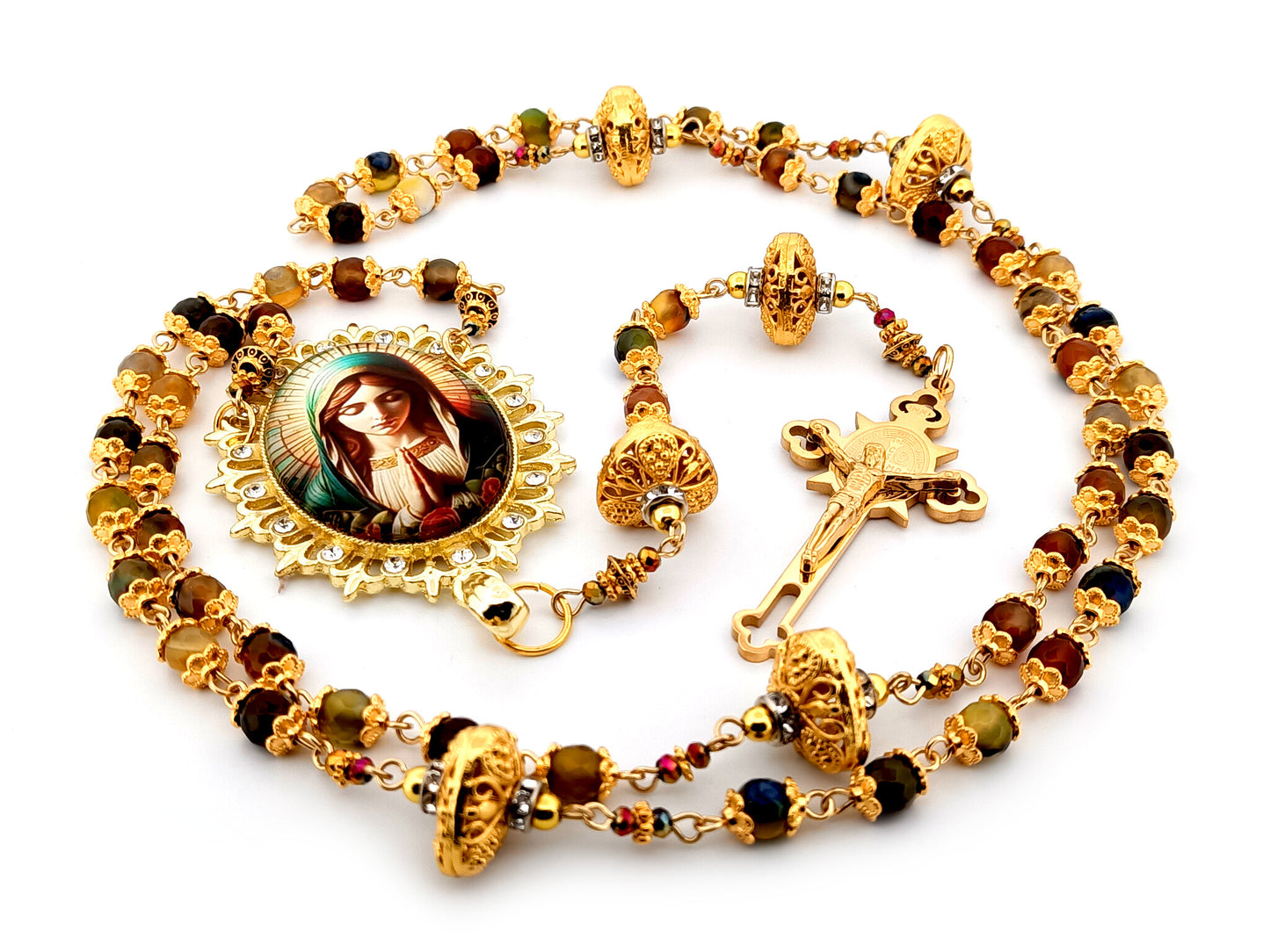 Virgin Mary praying unique rosary beads faceted agate and 18K gold lattice rosary with gold plated Saint Benedict crucifix.