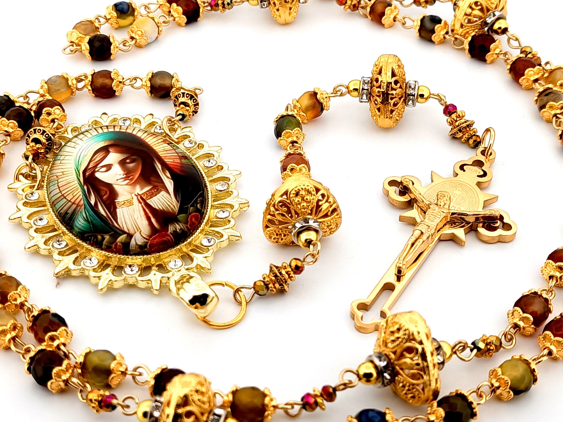 Virgin Mary praying unique rosary beads faceted agate and 18K gold lattice rosary with gold plated Saint Benedict crucifix.