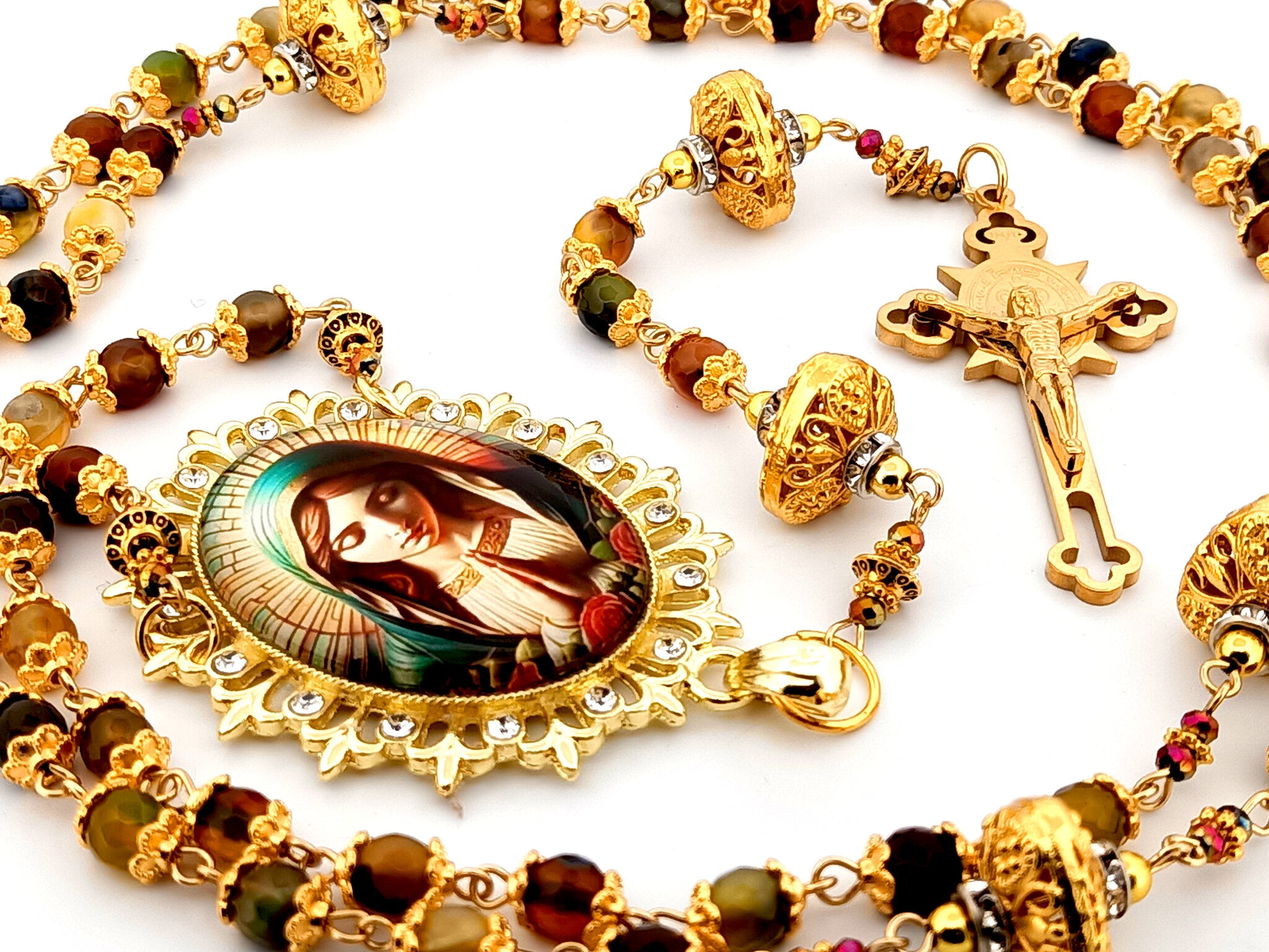 Virgin Mary praying unique rosary beads faceted agate and 18K gold lattice rosary with gold plated Saint Benedict crucifix.