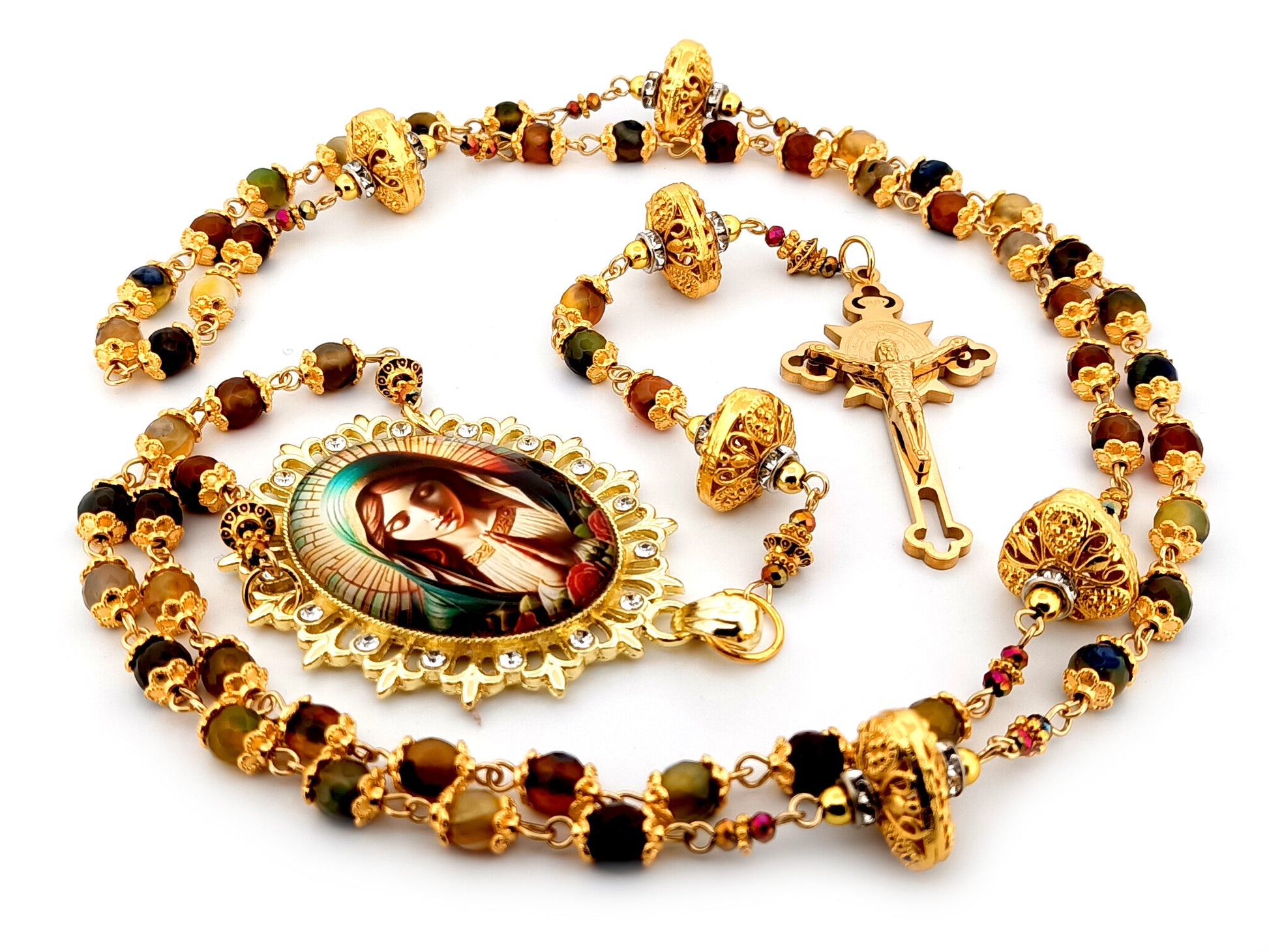 Virgin Mary praying unique rosary beads faceted agate and 18K gold lattice rosary with gold plated Saint Benedict crucifix.