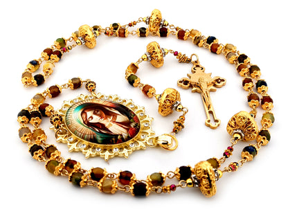 Virgin Mary praying unique rosary beads faceted agate and 18K gold lattice rosary with gold plated Saint Benedict crucifix.