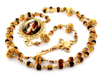Virgin Mary praying unique rosary beads faceted agate and 18K gold lattice rosary with gold plated Saint Benedict crucifix.