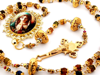 Virgin Mary praying unique rosary beads faceted agate and 18K gold lattice rosary with gold plated Saint Benedict crucifix.