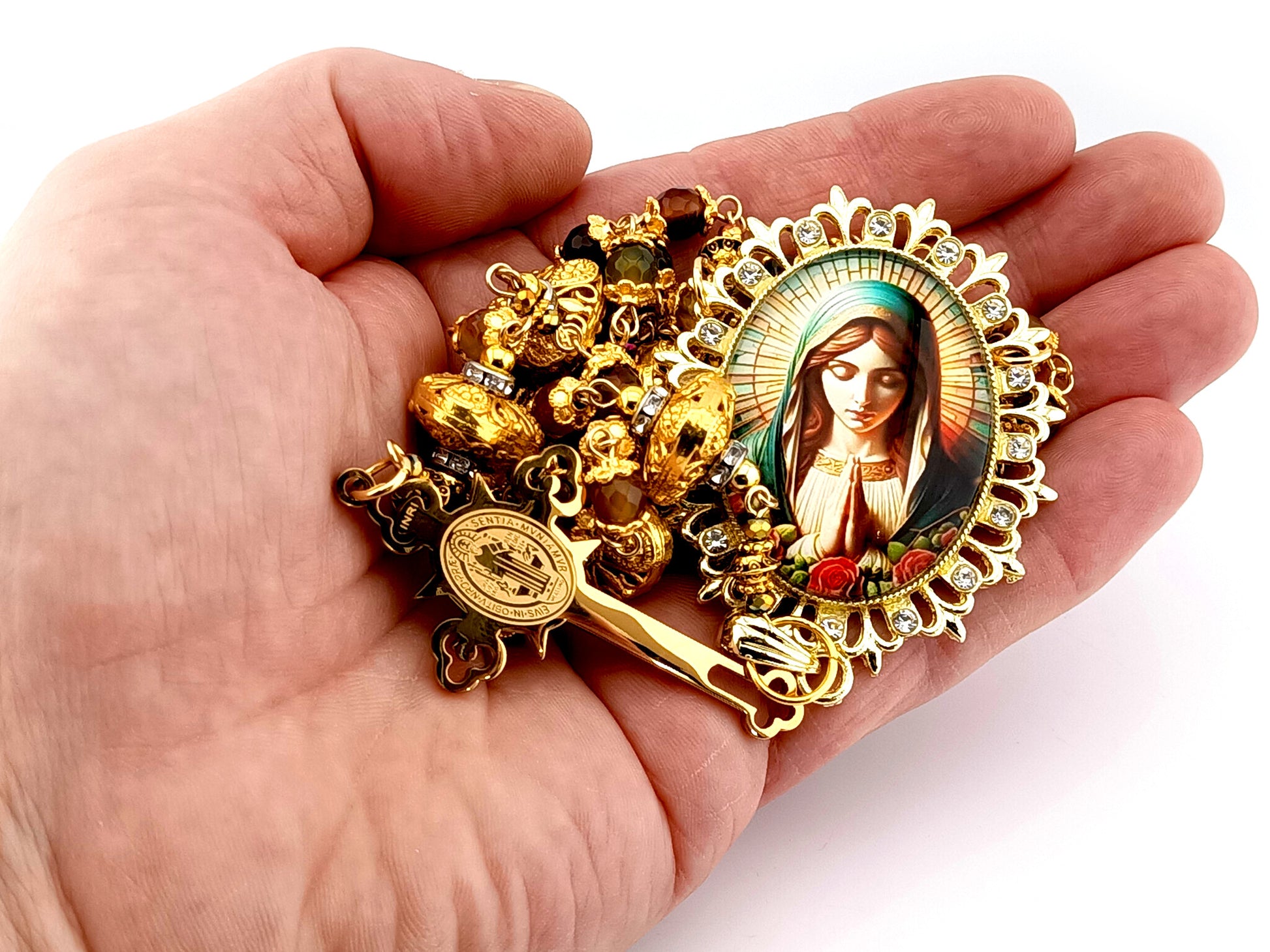 Virgin Mary praying unique rosary beads faceted agate and 18K gold lattice rosary with gold plated Saint Benedict crucifix.