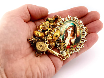 Virgin Mary praying unique rosary beads faceted agate and 18K gold lattice rosary with gold plated Saint Benedict crucifix.