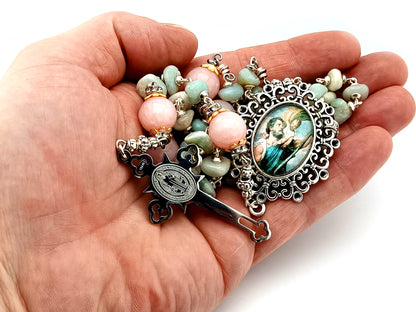 Saint Christopher unique rosary beads aqua marine and rose quartz gemstone rosary with Saint Benedict crucifix.