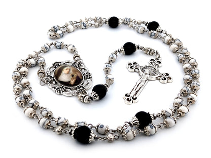 Saint Rita unique rosary beads howlite and onyx gemstone rosary with Saint Benedict crucifix.