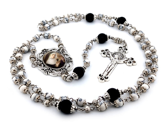 Saint Rita unique rosary beads howlite and onyx gemstone rosary with Saint Benedict crucifix.