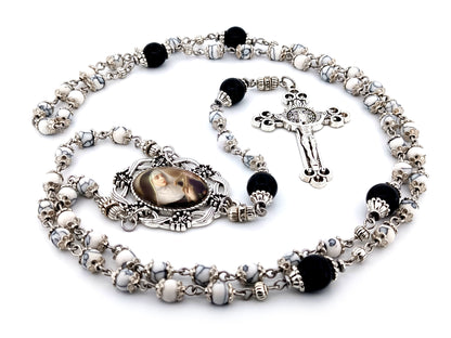 Saint Rita unique rosary beads howlite and onyx gemstone rosary with Saint Benedict crucifix.