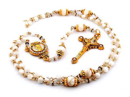 Virgin Mary unique rosary beads mother of pearl rosary with gold plated pearl sunburst crucifix.