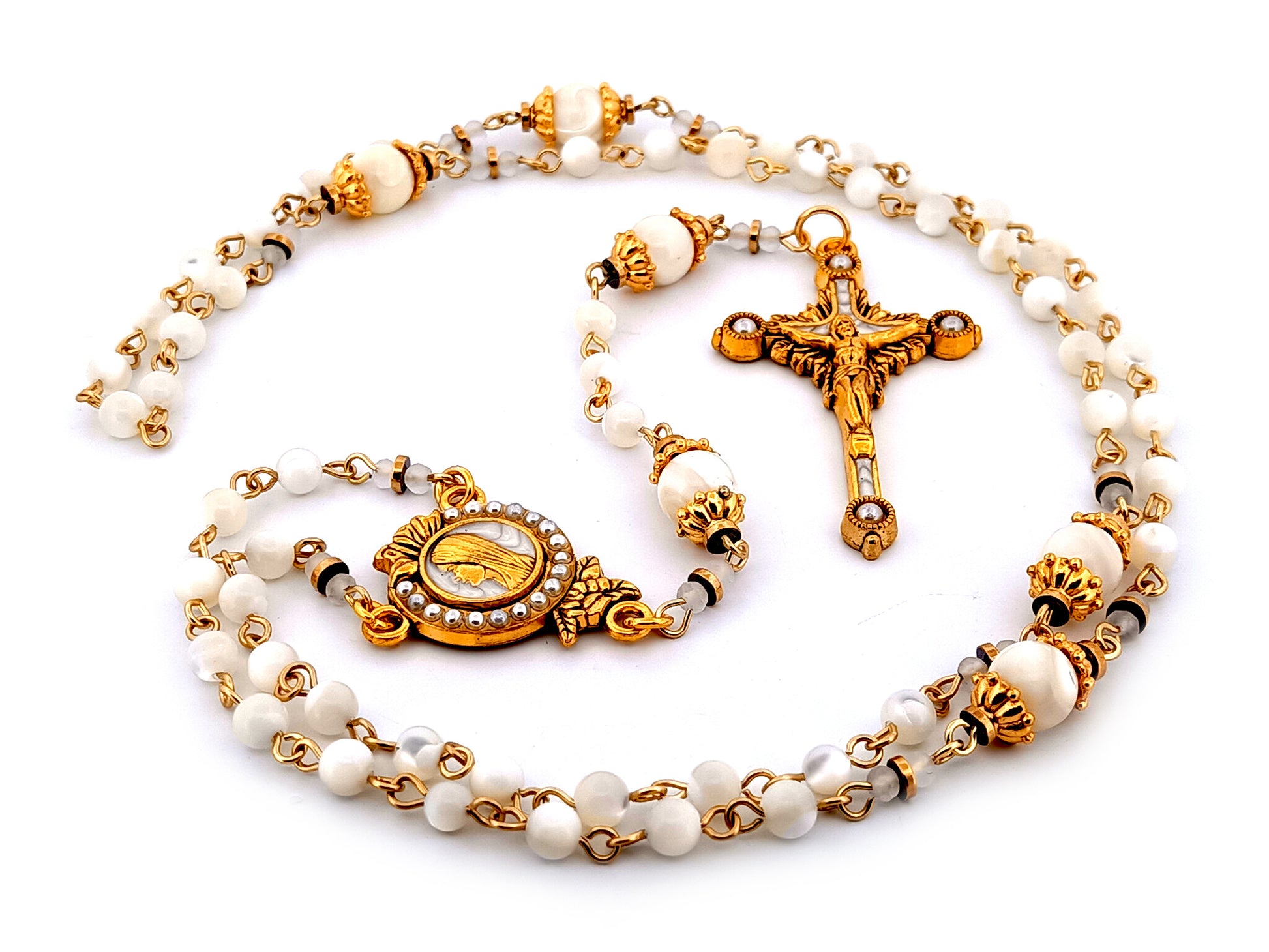 Virgin Mary unique rosary beads mother of pearl rosary with gold plated pearl sunburst crucifix.