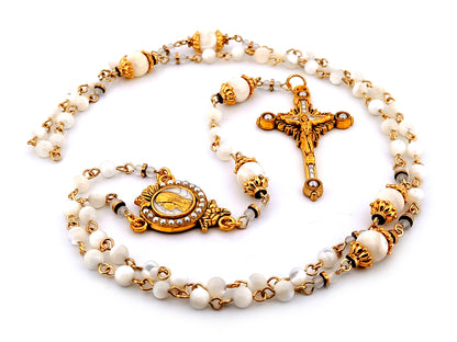 Virgin Mary unique rosary beads mother of pearl rosary with gold plated pearl sunburst crucifix.